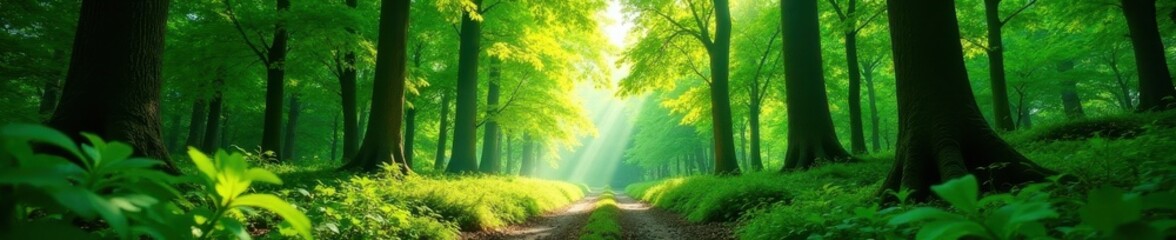 Obraz premium Vibrant green canopy, sunlight dappled forest floor, lush, biodiversity, pattern