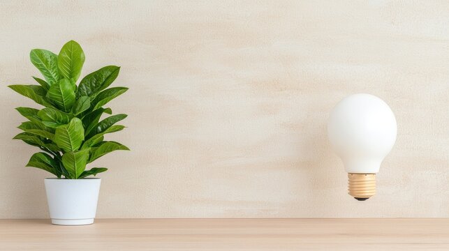 Plant and lightbulb on beige background, promoting ideas and creativity, office setting, possible use in presentations or marketing materials