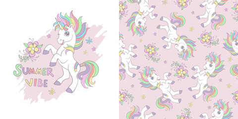 Set with cute cartoon unicorn and background. Isolated character and seamless pattern. Vector illustration. For party, print, baby shower, wallpaper, design, design cushion, linen, dishes and clothes © alinart