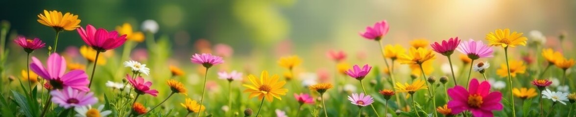 Fototapeta premium Wildflower patch, diverse blooms, soft focus background , botany, landscape