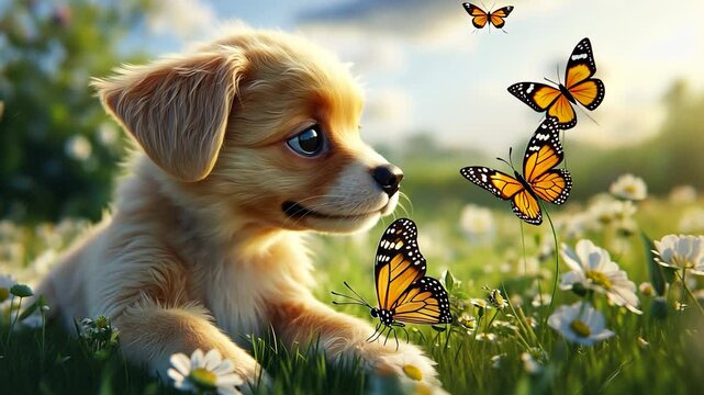 Puppy with butterflies wallpaper. A blurry dog with a cartoon background. Butterflies in a field with clouds in the sky. A young dog surrounded by butterfly-patterned lifestyle wallpaper.