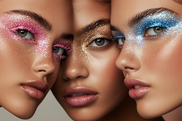 Three models with vibrant makeup looks, wearing vibrant eyeshadow with long black lashes. High-fashion beauty concept.