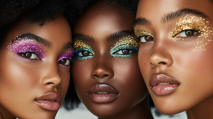 Three models with vibrant makeup looks, wearing vibrant eyeshadow with long black lashes. High-fashion beauty concept.