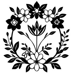 Artistic monochrome floral arrangement. A symmetrical design of flowers and leaves in a black and white composition.