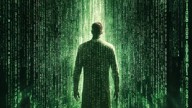 Man facing digital code wall.  Possible stock photo use
