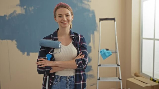 Woman painting room with roller in new home interior featuring young blonde adult smiling confidently in casual outfit beside ladder and supplies.