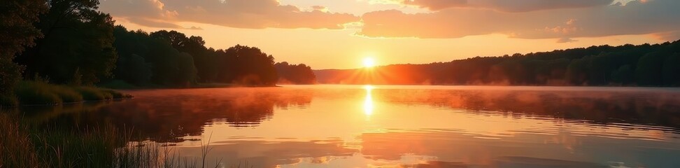 Golden hour light bathes lake, tranquil scene, Minnesota summer evening , evening, clouds