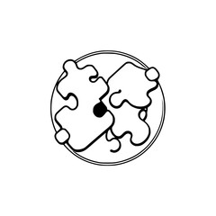 Two puzzle pieces in a circle on a white background, black and white, concept of teamwork, collaboration, solution.