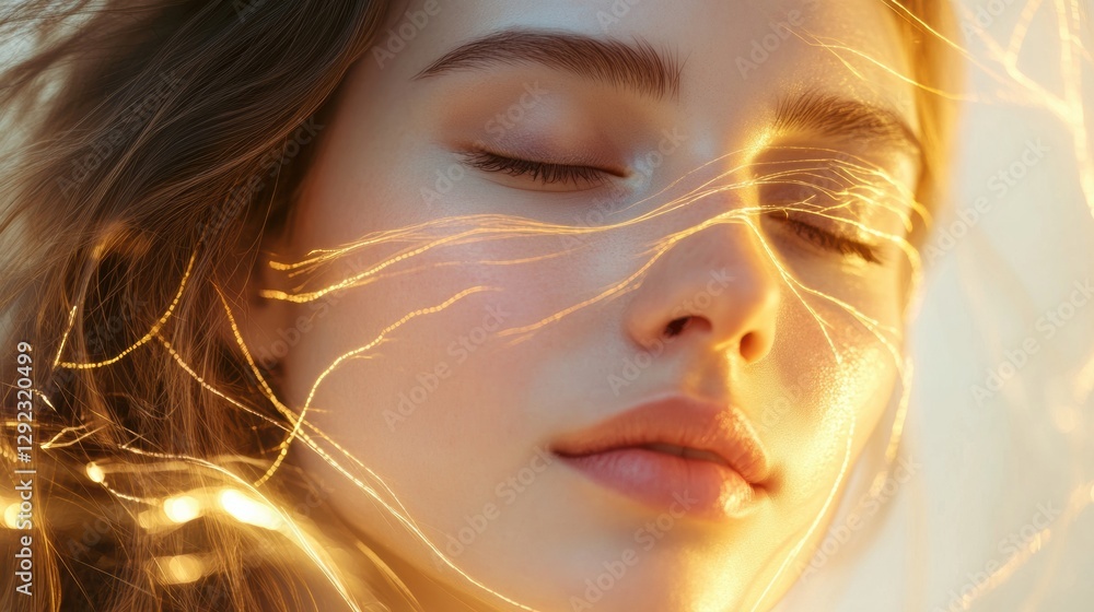 Aufkleber golden lines flow around a young womans face, representing a botox lifting effect in a serene atmosp