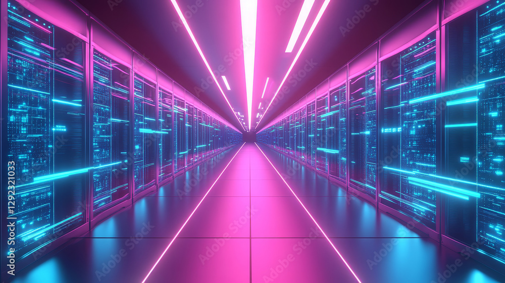 Poster data center room tunnel with neon blue and pink light glow. realistic 3d vector illustration of abst