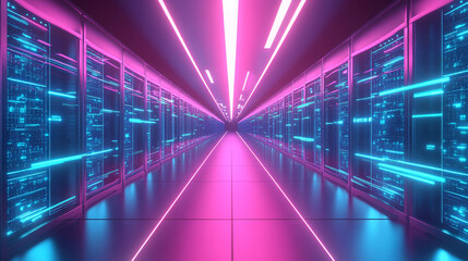 Fototapeta premium Data center room tunnel with neon blue and pink light glow. Realistic 3d vector illustration of abstract computer server cluster for digital information and database warehouse. Cyberspace banner.