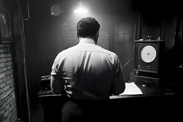 Man at vintage control panel, dark room