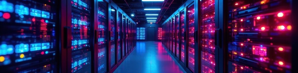Fototapeta premium Chromatic server array in a futuristic data center, dynamic lighting , colorful, future