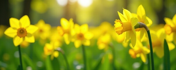 Obraz premium Sunny yellow daffodils in vibrant spring meadow, garden, spring flowers