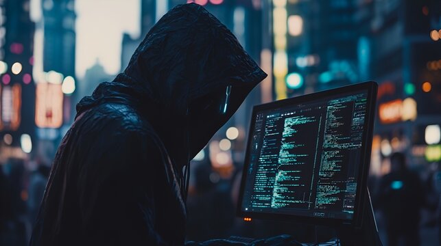 Hacker in city at night. Possible use stock photo
