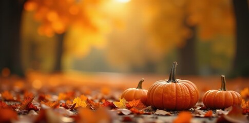 Vibrant autumn leaves & pumpkins, soft blurred landscape , orange, field