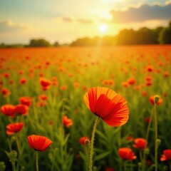 Vibrant red poppies bathed in sunlight, summer field , landscape, warmth