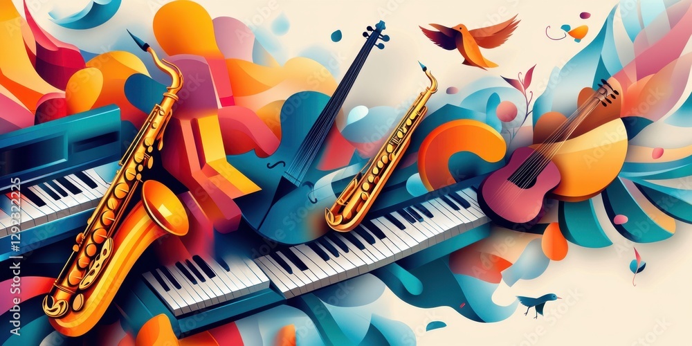 Poster a vibrant and colorful abstract composition showcasing musical instruments and notes