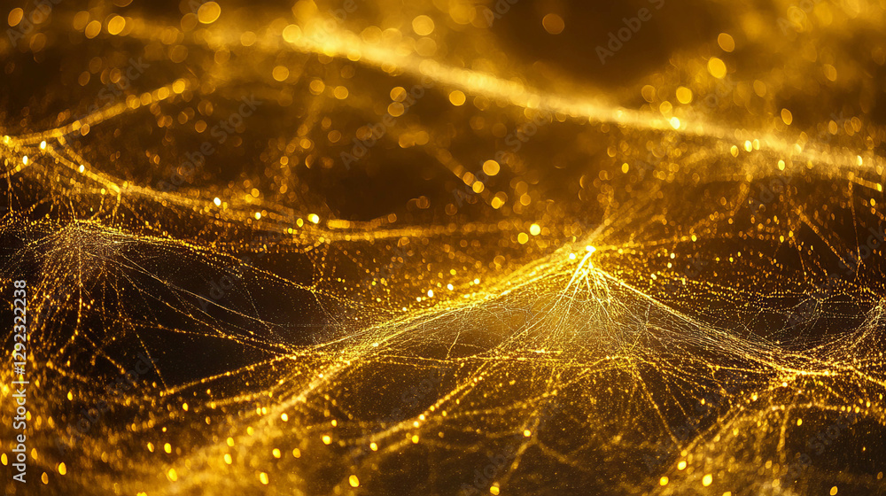 Poster enchanting golden spiderweb with glittering dust for elegant background design