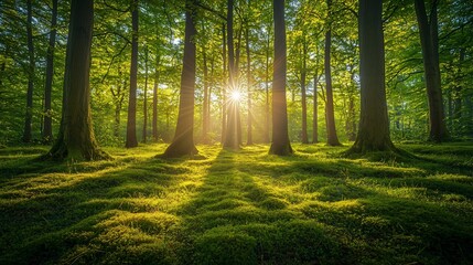 Obraz premium Sun rays illuminating a lush green forest floor with moss.