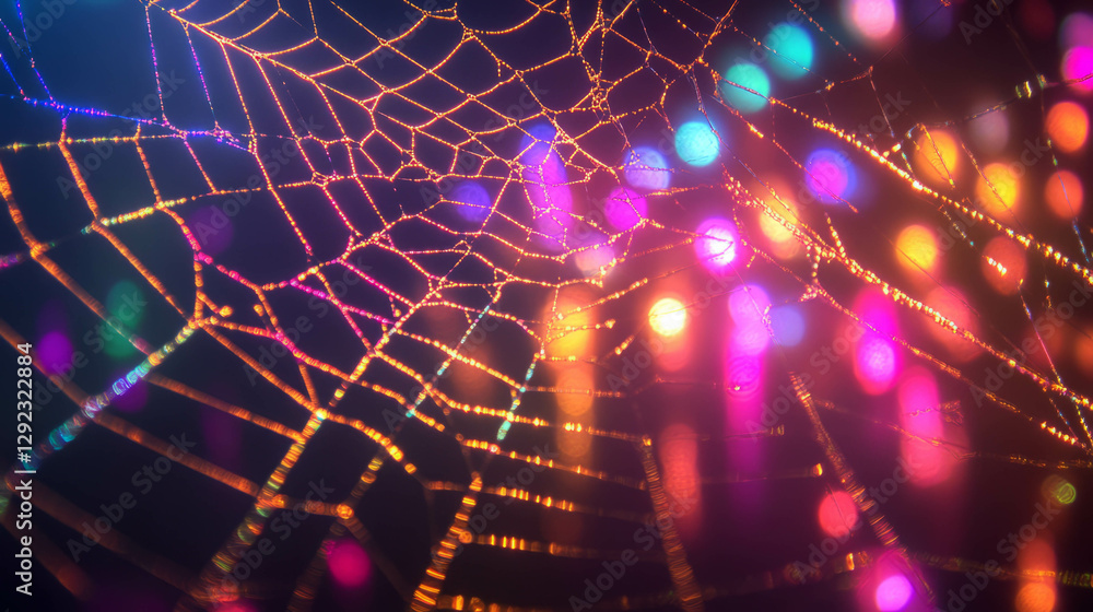 Poster illuminated golden spiderweb against vibrant multicolored bokeh background