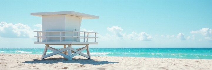Fototapeta premium Modern minimalist lifeguard tower with sleek lines, situated on a pristine beach , building, lifeguard