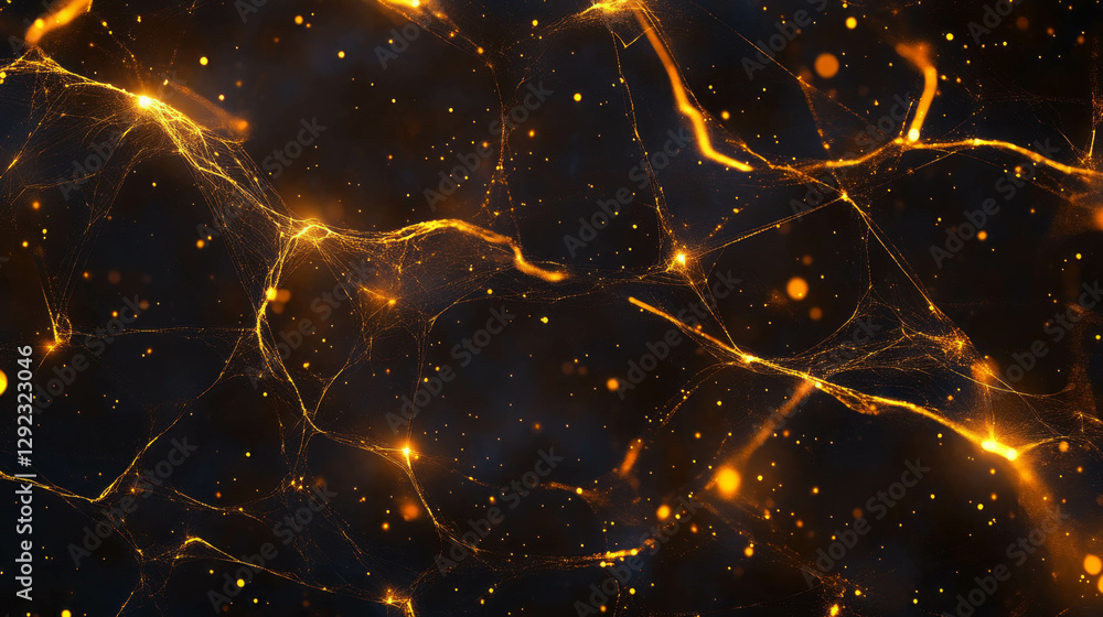 Poster fiery golden spiderweb background with luminous threads and glowing particles
