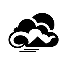 Black and white graphic stylized cloud with sun or moon above a mountain on white background, minimalist.