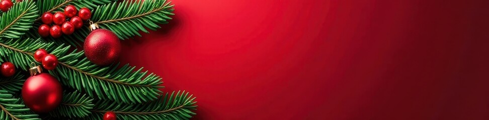 Red and green banner with classic ornaments, berries, and pine , ribbon, snowman, elegant