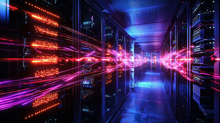 Fototapeta premium Quantum internet hubs glowing with light streams, transferring secure quantum data between global circuits