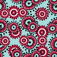 Seamless pattern with geometric aboriginal ornament. Ethnic tribal rounded color background. Afican, australian motiph. Dots painting. Vector illustration, template design for cloth, card, fabric.