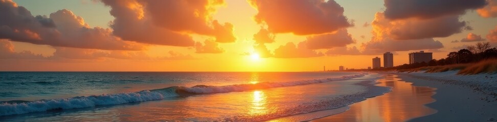 Obraz premium Golden sunrise over Pensacola Beach, calm Gulf waters, pensacola, stock, image