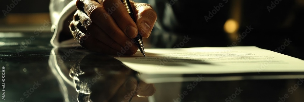 Poster professional hand signing important document with pen on glossy table in soft light at elegant offic