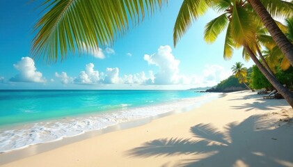 Sun-kissed sand, turquoise waves, palm trees sway , ocean, beach