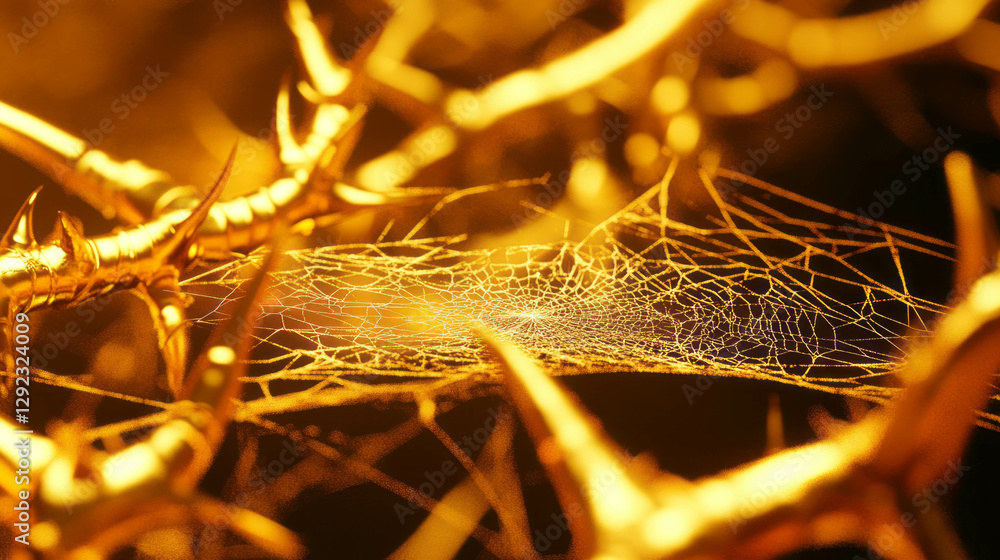 Poster enchanting golden spiderweb in intricate patterned nature scene