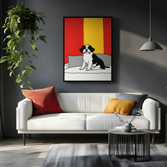 The minimalist living room has a painting of a dog sitting on a sofa hanging over a white modern sofa in a colorful 34 scale with a black frame and a hanging plant o