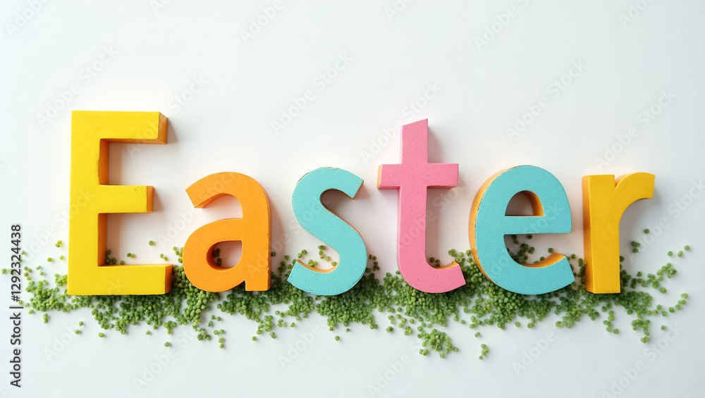 Poster colorful letters spelling easter are placed on a bright surface, surrounded by greenery. the joyful 