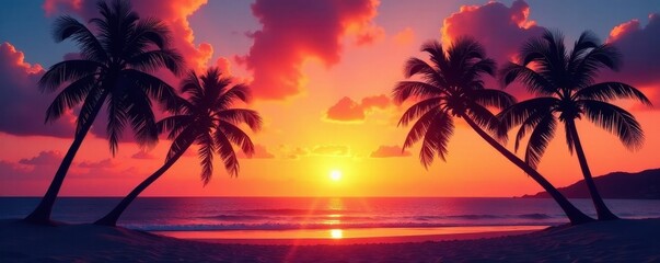 Obraz premium Silhouetted palms at sunset, tranquil ocean backdrop, sea, tropical landscape, palm tree silhouettes