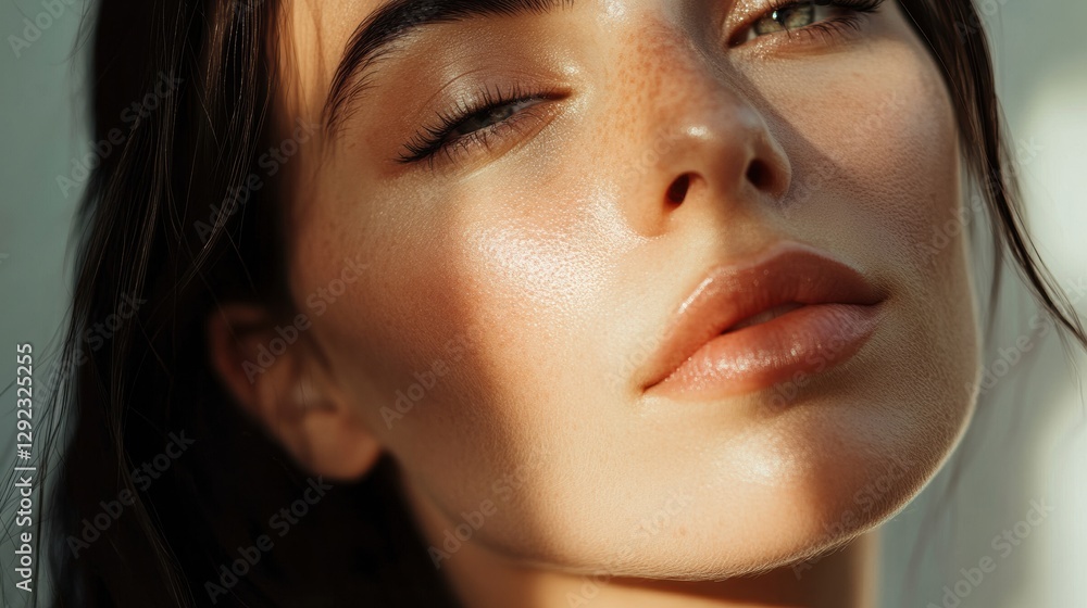 Poster close up portrait of a woman showcasing flawless skin illuminated by soft natural light in a serene 