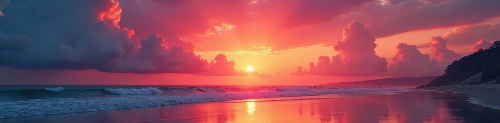 Obraz premium Crimson sun dips below expansive cloudscape; beach stretches into distance , waves, sand
