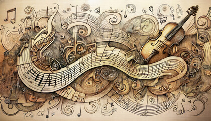 A vintage artwork on canvas depicts a beautifully intricate composition of a violin, piano keys, and swirling musical notes in warm, earthy tones, creating a timeless and artistic expression of music.