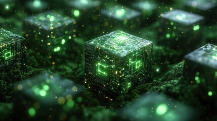Glowing data cubes in digital field, server farm background