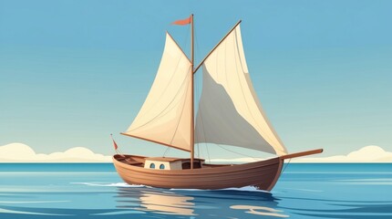 Fototapeta premium Serene Sailing Adventure: A Classic Wooden Boat with White Sails Gliding on Calm Waters Under a