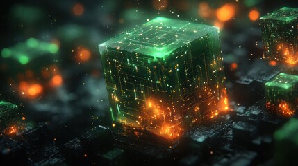 Glowing data cubes on circuit board, futuristic tech background