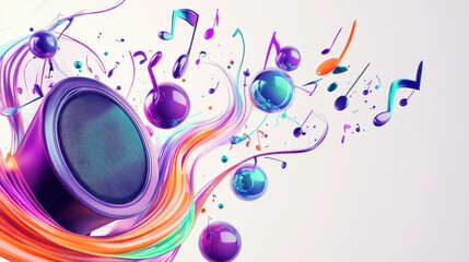 Fototapeta premium Vibrant Illustration of a Speaker Surrounded by Colorful Musical Notes and Vibrant Waves