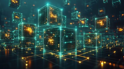 Glowing data cubes network, digital space, futuristic background, tech concept