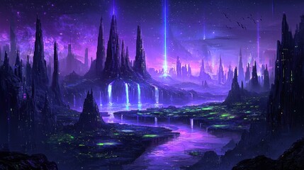 Enchanted Alien Landscape with Waterfalls and Radiant Stars