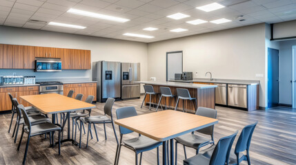 Kitchen interior design in office for lunch background. Break room from work for food with chair, table, microwave and fridge. Indoor informal lounge area in company for eating candy or sandwich.
