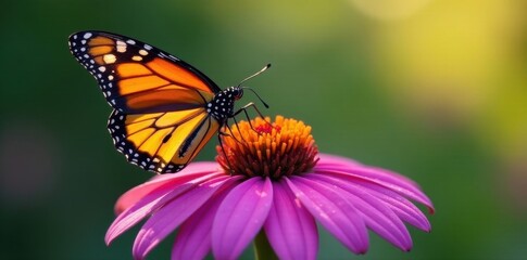Naklejka premium Monarch butterfly on bright purple coneflower, dew drops visible , wildlife, nature scene
