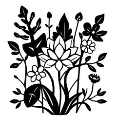 Black and white floral illustration depicting a stylized bouquet of various flowers and foliage with a minimalist style.